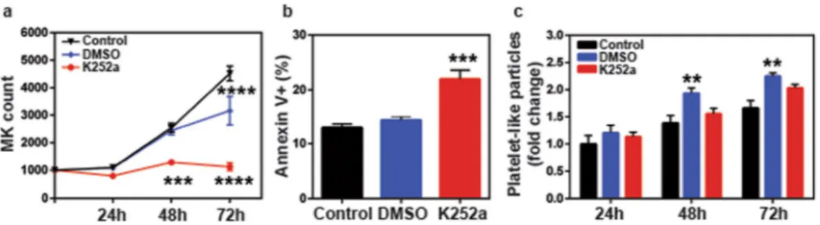 Figure 6.  K252a modulates thrombopoiesis through TrkA inhibition. TrkA−/− Dami cells were treated  with 200 nM K252a, or vehicle (DMSO) for 72 h