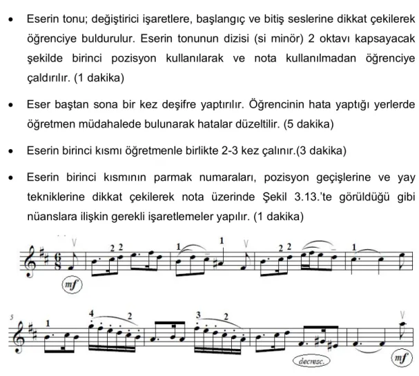 Şekil 3.13. Deneyde kullanılan eserin birinci kısmının parmak numaraları,  pozisyonları, yay teknikleri ve nüansları (kontrol grubu) 