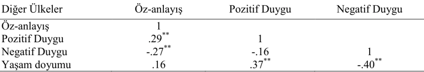 Tablo 6: Diğer ülkelerdeki öğrencilerin öz-anlayış, negatif, pozitif duygu ve yaşam doyumu puanları arasındaki ilişki