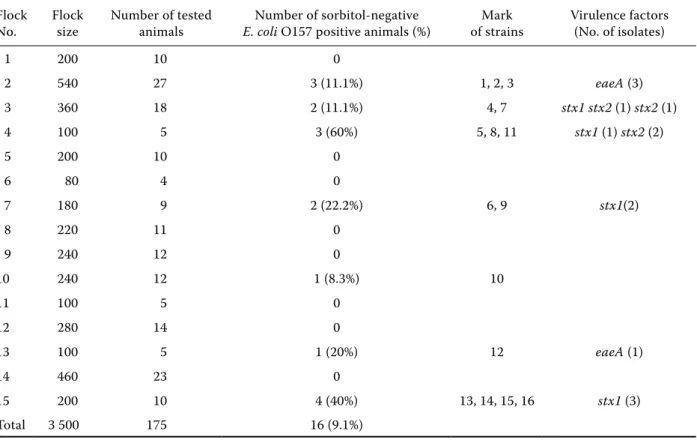 Table 2. Distribution and virulence factors of sorbitol-negative E. coli O157 strains isolated from healthy Awassi  sheep from 15 flocks in Burdur, Turkey