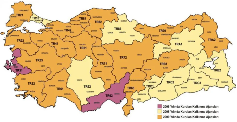 Şekil 4. Düzey 2 Grubunda Yer Alan 26 İstatistiki Bölge Biriminin Türkiye Üzerindeki Dağılımı Ve Kuruluş Yılları 