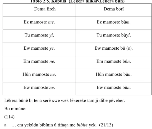 Tablo 2.5. Kopula  (Lêkera alîkar/Lêkera bûn) 