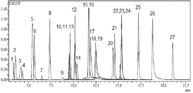 Şekil 3.4. UHPLC-ESI-MS/MS ile standart fenolik bileşiklerin kalibrasyon kromatogramları 