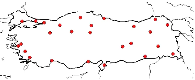 Şekil 1.2. Senecio vernalis Walds. et Kit. bitkisinin Türkiye’deki yayılış alanları (TÜBİVES, 2018) 