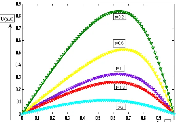 ġekil 4.2. Problem 2.1‟in CNSFY ile ∆x=0.0125,  ∆t =0.00001, v=0.1 iken t‟nin değiĢen değerleri için  çözüm grafiği 