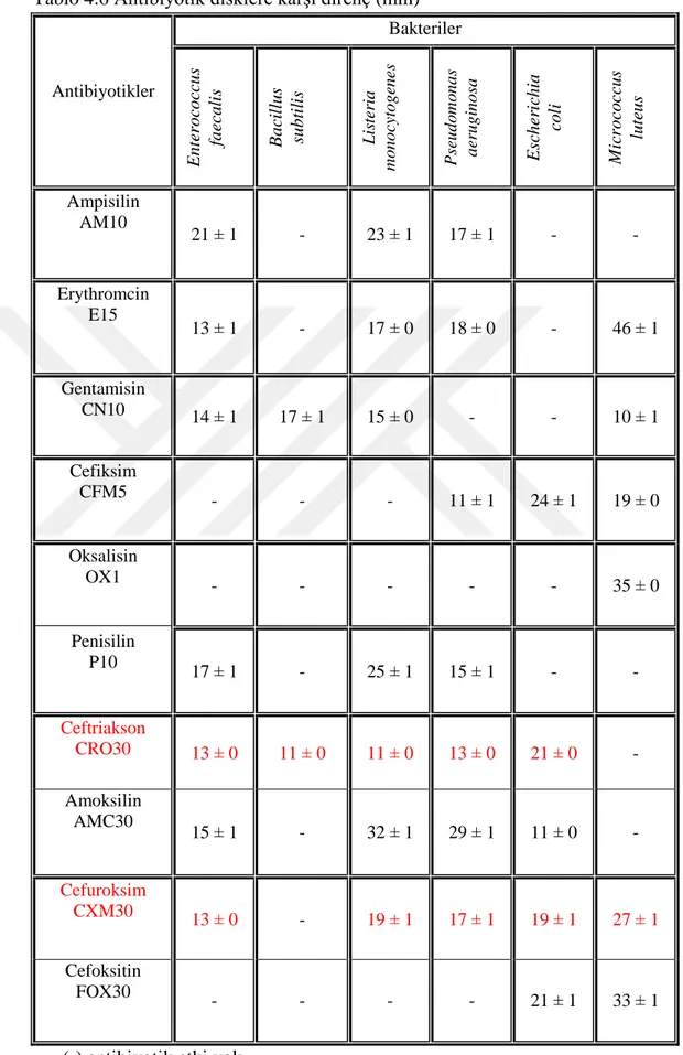 Tablo 4.6 Antibiyotik disklere karşı direnç (mm) 