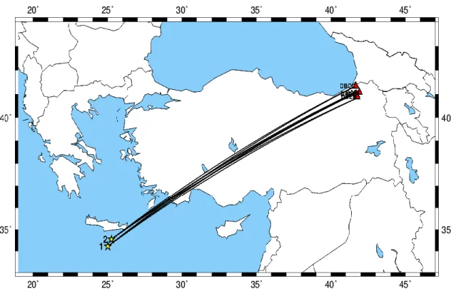 Şekil  4.2.  I  ve  II  (A  Grubu)  numaralı  depremler  için  kullanılan  istasyonlar  ile  depremlerin lokasyonu ve ışın yolu gösterimi