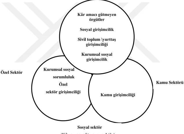 Şekil  1.  2.  Sosyal  Girişimcilik  ve  İlgili  Diğer  Girişimcilik  Uygulamalarının  Sektörlere  Göre  Konumlandırılması 