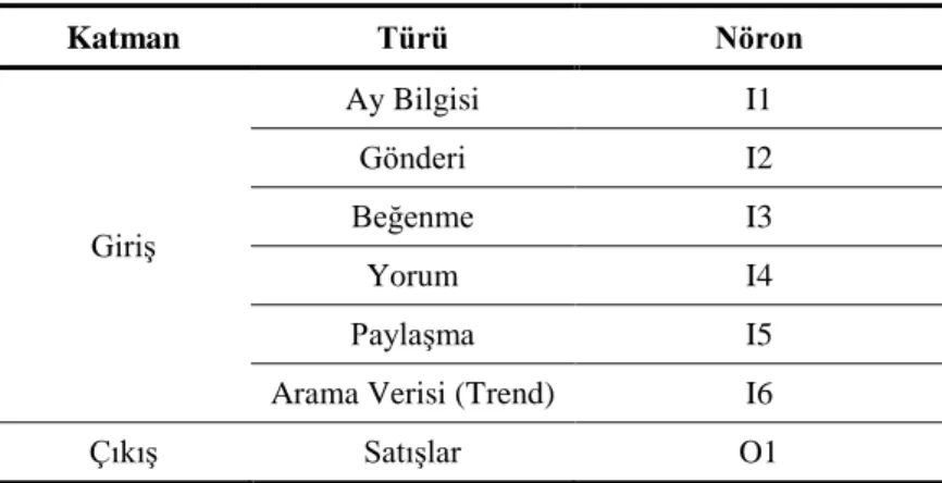 Tablo 3. Yapay Sinir Ağı Giriş ve Çıkış Katmanları