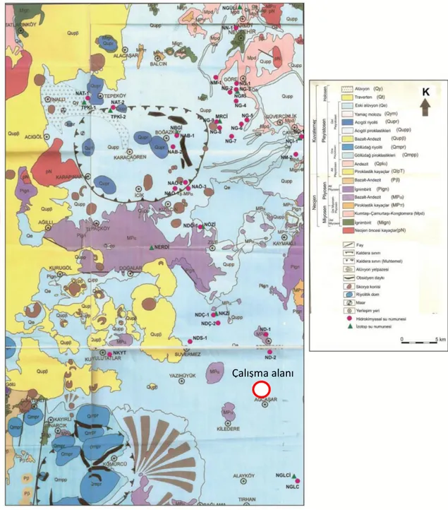 Şekil 1.7. Derinkuyu ve yakın çevresinin bölgesel jeoloji haritası [9] Çalışma alanı 