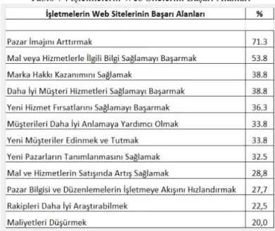 Tablo 7 : İşletmelerin Web Sitelerini Başarı Alanları 