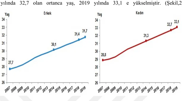 Şekil 3: Cinsiyete göre ortanca yaş, 2007-2019 ( TÜİK,2019)  
