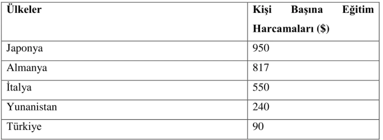 Tablo 9. Ülkeler ve Kişi Başına Eğitim Harcamaları 