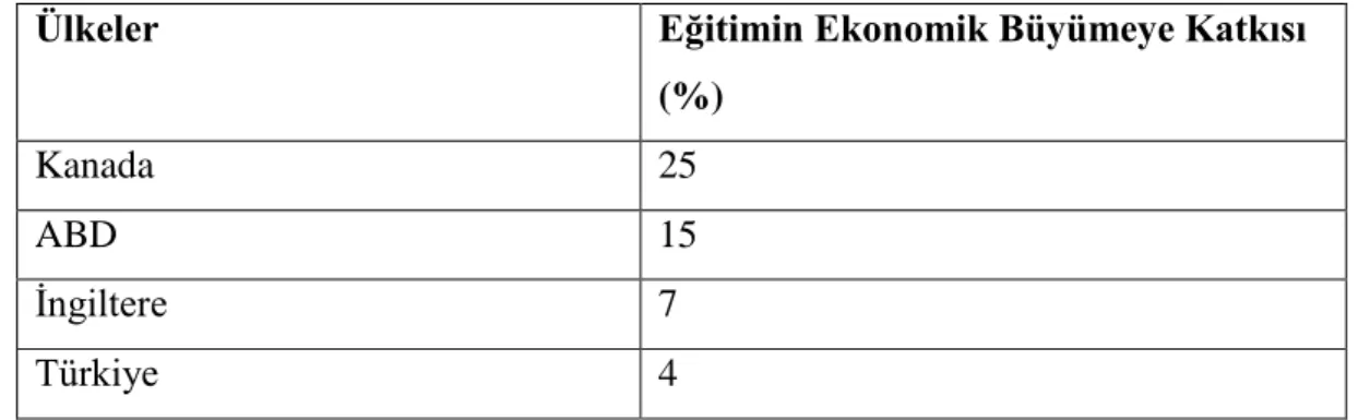 Tablo 12. Ülkelere Göre Eğitimin Ekonomik Büyümeye Katkısı 