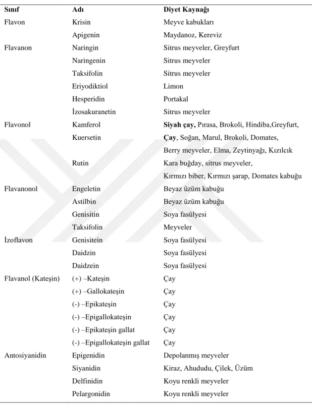 Tablo 2.1. Farklı flavonoid türleri ve diyet kaynakları 