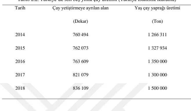 Tablo 2.2. Türkiye’de son beş yıllık çay üretimi (Türkiye İstatistik Kurumu)  Tarih  Çay yetiştirmeye ayrılan alan 