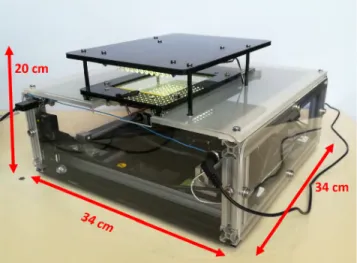 FIGURE 2. Realization of the imaging component: (a) Acrylic layers that are designed in AutoCAD; (b) Commercial motorized lens; (c) Resulting X-tray