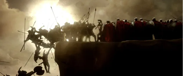 Figure 1. War scene from The 300 Spartans movie. Director: Zack Snyder. Warner Bros.  And  second  advantage  of  hybrid  media  is  the  designer’s  control  ability  on  different  image  layers whether the visibility or different visual effects such as 