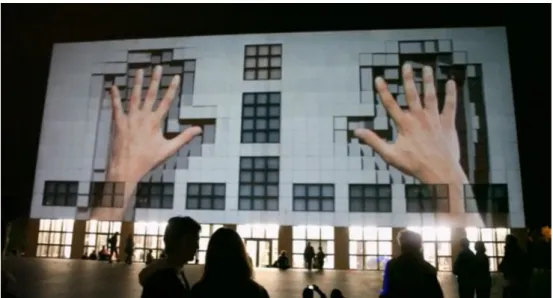 Figure 3. “555 Kubic” by UrbanScreen.Projection Mapping. Hamburg,Germany.2009.  Within the new dimensions of the frame, hybrid media always keeps changing and effect the  frame  as  a  whole