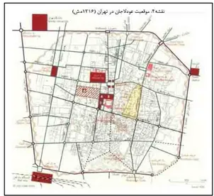 Figure 6: Comparison of Tehran and neighborhood map Odlajan in different historical periods  In tehran map of 1275 Tehran divided to five original quarters,Arg, Odlajan, chale meydan, and Sanglaj