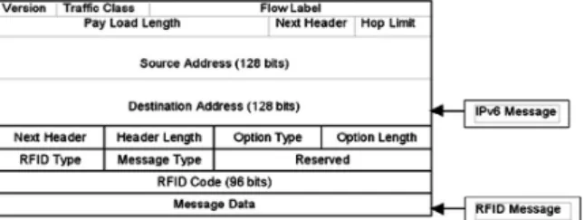 Figure 6: Capsulation of FRID message and header in IPv6 packet 