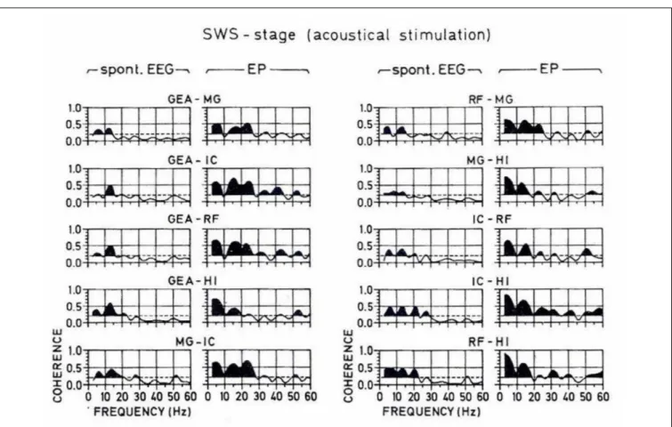 FIGURE 12 | A typical set of coherence functions computed from the spontaneous and evoked potentials of all possible pairings of the studied brain structures during the slow-wave sleep stage