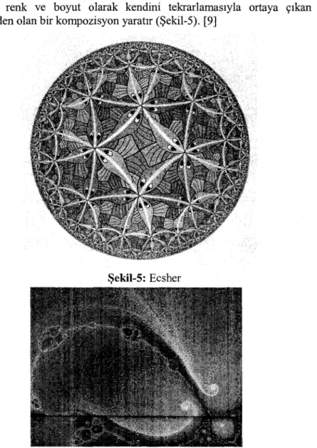 Grafik sanatçisi Ecsher de ayni görüsü yapitlarinda vurgulamaktadir. Sanatçi, tek bir formun sadece renk ve boyut olarak kendini tekrarlamasiyla ortaya çikan ve farkli algilamalara neden olan bir kompozisyon yaratir (Sekil-S)