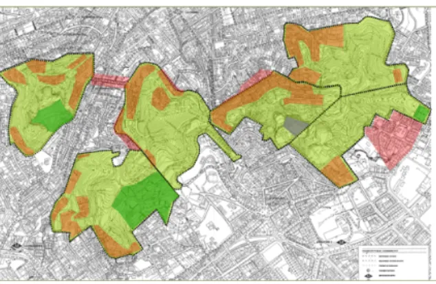 Figure 1  Strategic Green in Barcelona                  Figure 2  The Master Plan and in its six zones  The Modification of the Metropolitan Master Plan, approved in January 2009, consolidates the space of  122 ha in Tres Turons, in its majority of public 