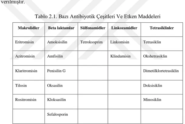 Tablo 2.1. Bazı Antibiyotik Çeşitleri Ve Etken Maddeleri 