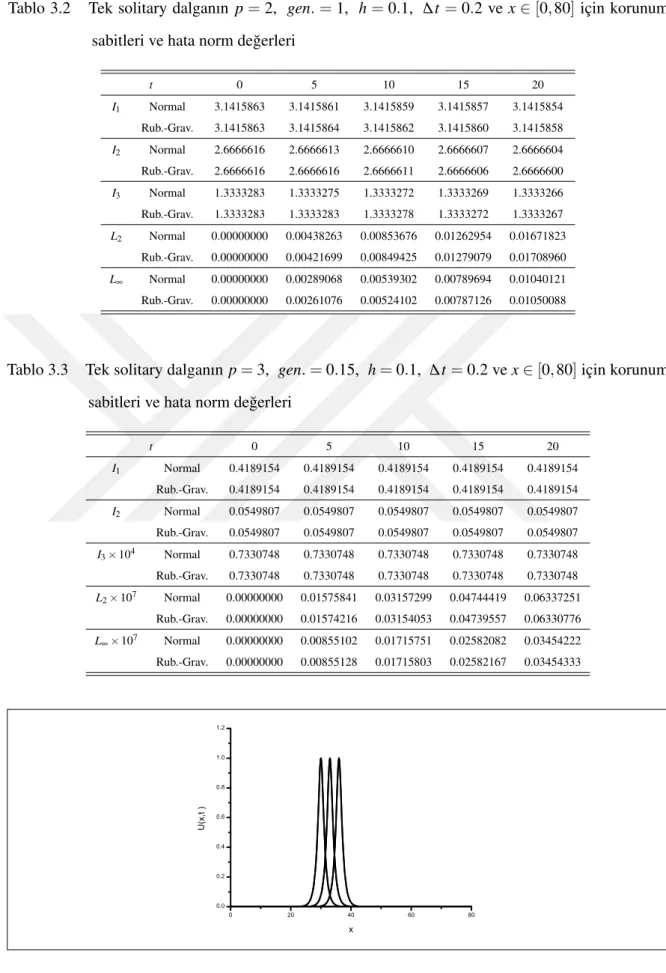 Tablo 3.2 Tek solitary dalganın p = 2, gen. = 1, h = 0.1, ∆t = 0.2 ve x ∈ [0, 80] ic¸in korunum aaaaasssssss sabitleri ve hata norm de˘gerleri