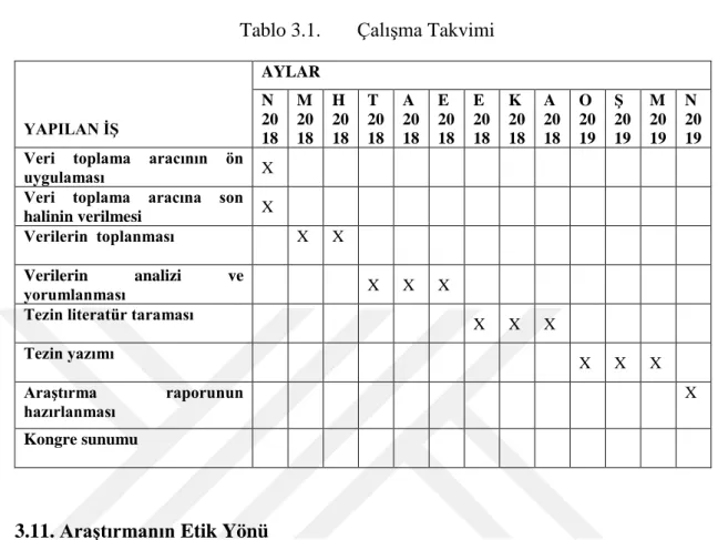 Tablo 3.1.  Çalışma Takvimi 