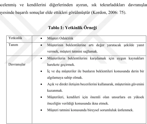 Tablo 1: Yetkinlik Örneği  