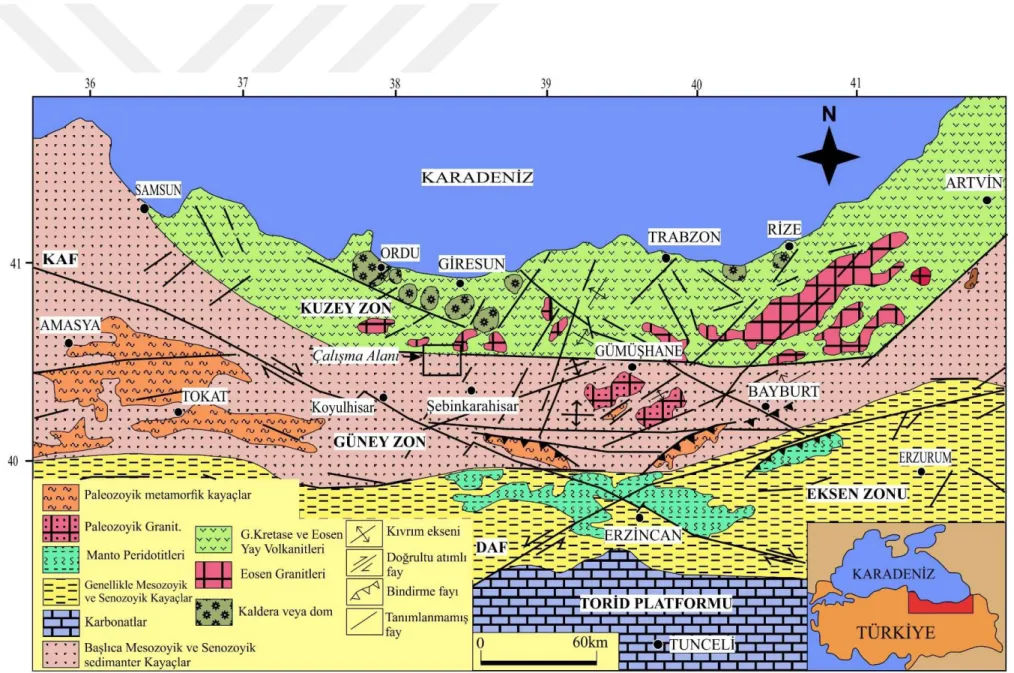 Şekil  2.1  Doğu Pontidler’in başlıca tektonik ve litolojik birlikleri (Eyüboğlu vd. 2006’dan alınmıştır [3]) 