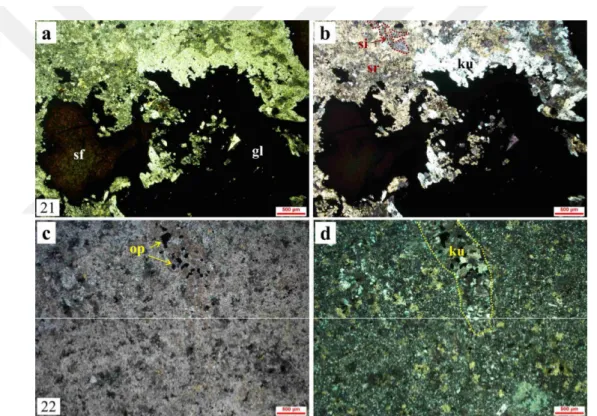 Şekil  3.3 Kuzey Zonuna ait cevherin (a, b) ve yan kayacın (c-d) mikroskobik görüntüsü  (gl;  galen,  ku;  kuvars,  sf;  sfalerit,  op;  opak  mineral,  si;  silisleşme,  sr;  serisitleşme) (a ve c tek nikol, b ve d çift nikol) 