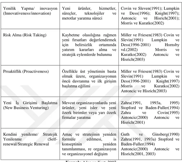 Tablo 2.6. İç Girişimcilik Boyutlarının Sınıflandırılması 