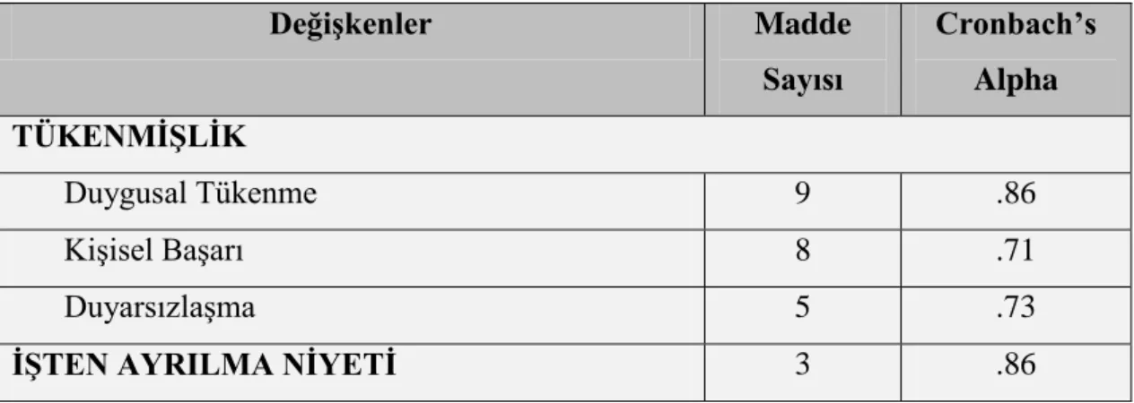 Tablo  1‟de  araştırmada  kullanılan  ölçeklerle  ilgili  Cronbach‟s  Alpha  güvenilirlik katsayıları verilmiştir