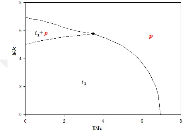 Şekil 3.8.  Karma spin (1, 3/2) Ising nanotel sisteminde d= 1.0 değeri için (T/J C , h/J C )  düzleminde dinamik faz diyagramı