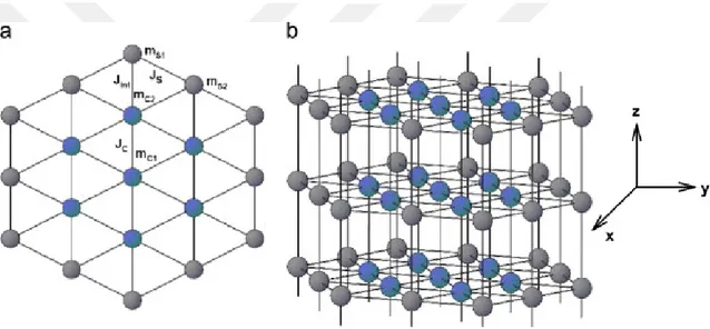 Şekil 2.1. Karma spin (1/2, 1) Ising nanotel sistemini tanımlayan silindirik hegzagonal  yapının şematik temsili: (a) ara kesit ve (b) üç boyutlu