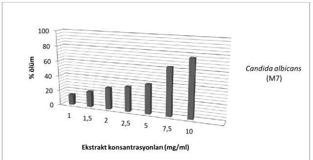 Şekil 4.6.3. Lavandula stoechas bitki ekstraktının 1-10 mg/ml’lık konsantrasyonlarında  Candida albicans M7 izolatının % ölüm oranları 