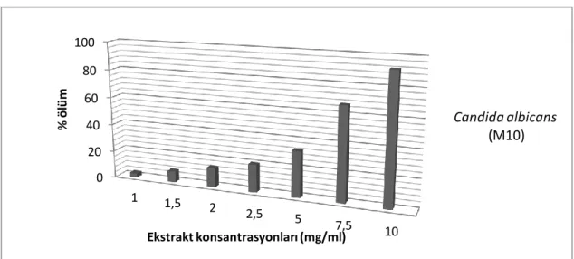 Şekil  4.6.6.  Cotinus  coggygria  bitki  ekstraktının  1-10  mg/ml’lık  konsantrasyonlarında  Candida albicans M10 izolatının % ölüm oranları 
