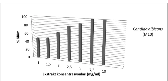 Şekil  4.6.7.  Ceratonia  siliqua  bitki  ekstraktının  1-10  mg/ml’lık  konsantrasyonlarında  Candida albicans M10 izolatının % ölüm oranları 