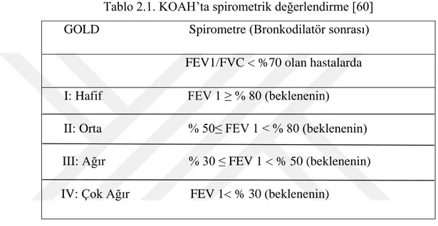 Tablo 2.1. KOAH’ta spirometrik değerlendirme [60]  GOLD              Spirometre (Bronkodilatör sonrası) 