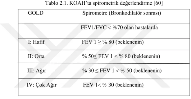 Tablo 2.1. KOAH’ta spirometrik değerlendirme [60]  GOLD              Spirometre (Bronkodilatör sonrası) 