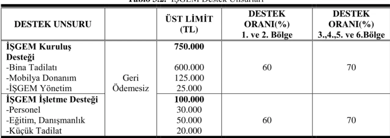 Tablo 3.2.  İŞGEM Destek Unsurları  