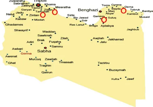 Şekil 1.1 Libya haritasında, taktik (2008-2012) ve 2008-2020 strateji planlarında elektrik üretmek için  küçük  projeler  olarak  değerlendirilen  4  bölgeye  kurulmuş  olan  rüzgar  türbinleri  (kırmızı  dairelerle)  gösterilmektedir