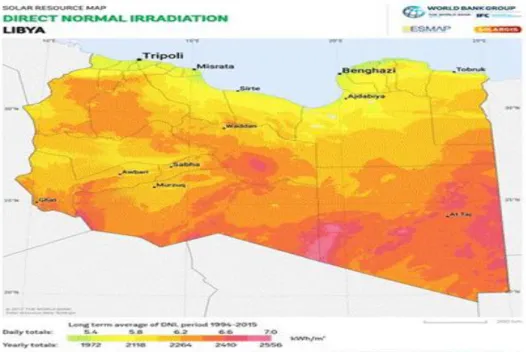 Şekil 1.4.  Güneş kaynakları haritalarından ve GIS verilerinden Libya’nın güneş kaynağı haritası
