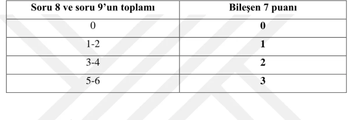 Tablo 3.13. PUKİ Bileşen 7‟nin Puanlama Tablosu  Soru 8 ve soru 9’un toplamı  BileĢen 7 puanı 