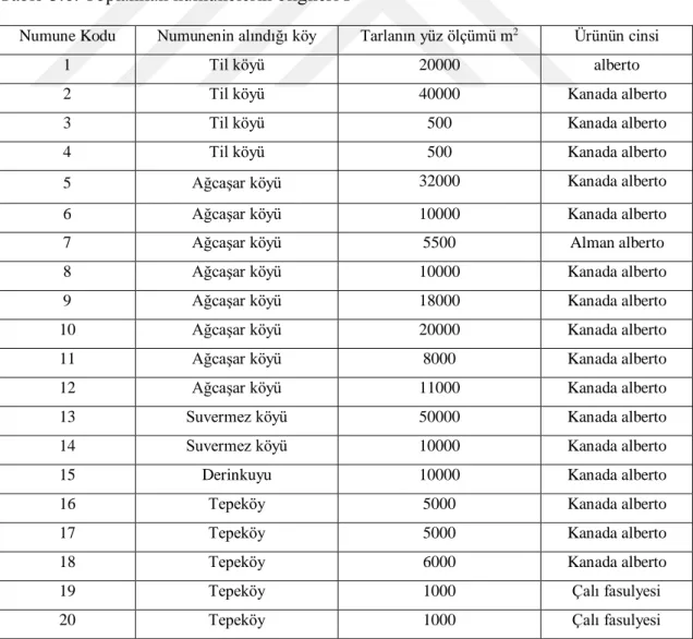 Tablo 3.6. Toplanılan numunelerin bilgileri I 