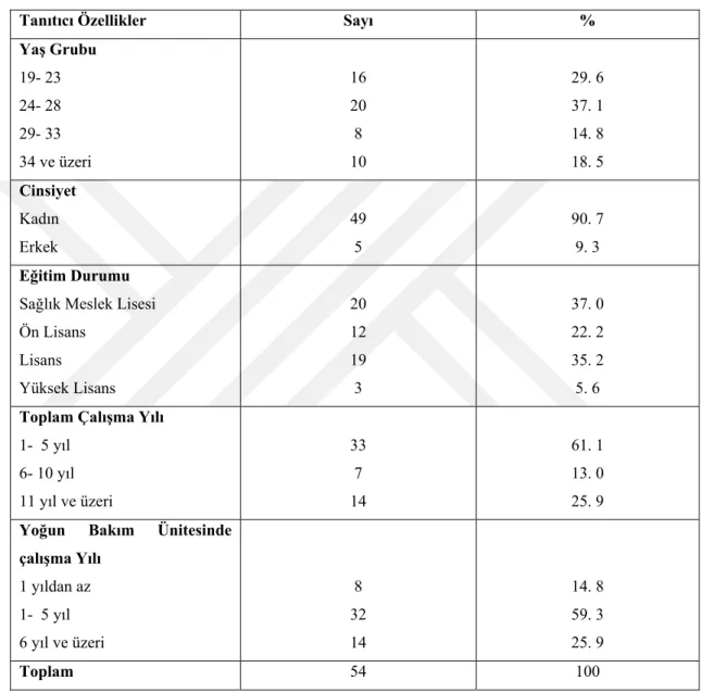 Tablo 4. 1 Hemşirelerin Tanıtıcı Özelliklerine Göre Dağılımı (n: 54) 