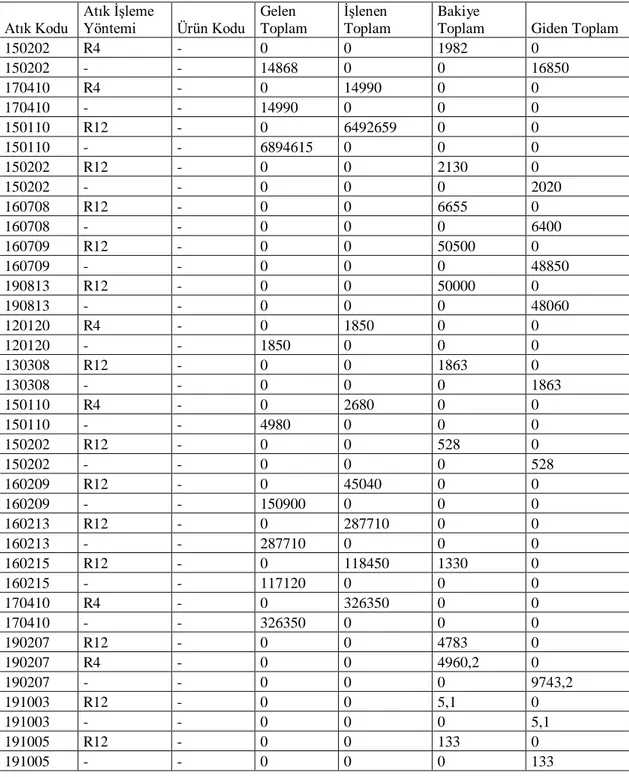 Tablo 4.4.  Nevşehir ili tehlikeli atık lisanslı firmaları kütle-denge form bilgileri